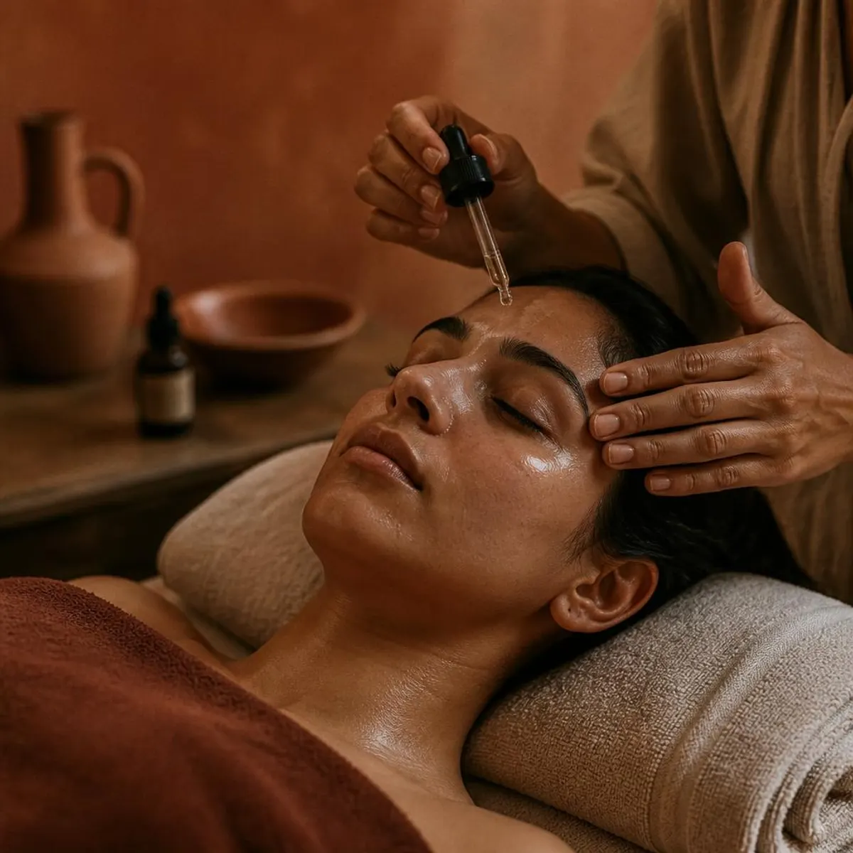 A facial treatment at FLOW — a drop of essential oil at the temples, hands resting gently